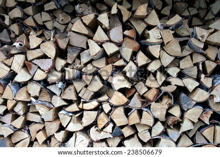 Fire wood stock. Background texture. Closeup of chopped fire wood stack