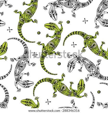 Seamless vector pattern with white and green gecko lizards. Cute reptiles for design