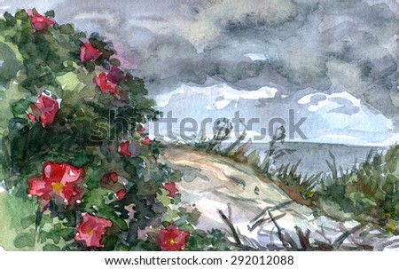 Sketchy watercolor landscape. Sea shore, rainy clouds, sand dunes, grass and rose bush with flowers and green leaves