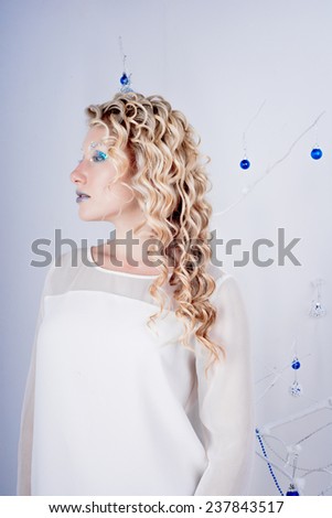 Beautiful girl in the image of the Snow Queen in the studio