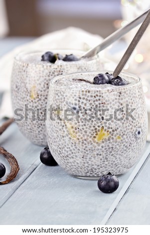 Chia seed pudding made with mangos and blueberries with extreme shallow depth of field.