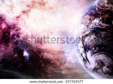 Artist rendition of Earth and galaxy at creation (Collage images from www.nasa.gov.)