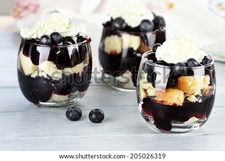 Trifle with whipped cream, sauce, short cake and ripe blueberries with extreme shallow depth of field.