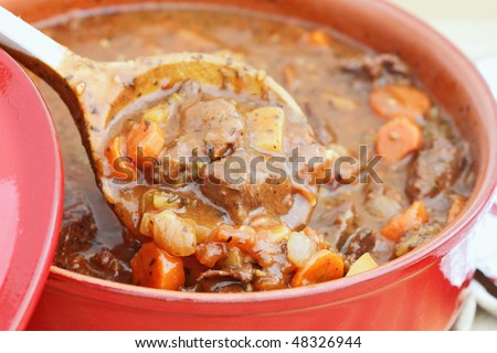 Freshly prepared venison stew with herbs, diced potatoes, carrots and onions in a thick rich broth. Could also be used as beef stew. Extreme shallow DOF.