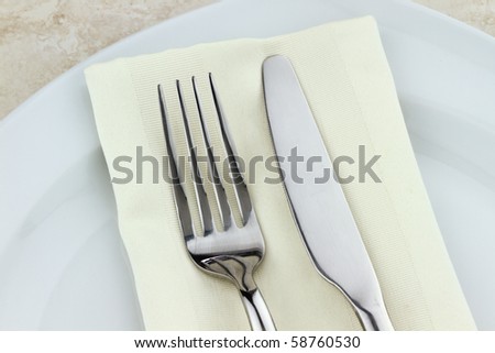Silverware and napkin on a white modern plate.
