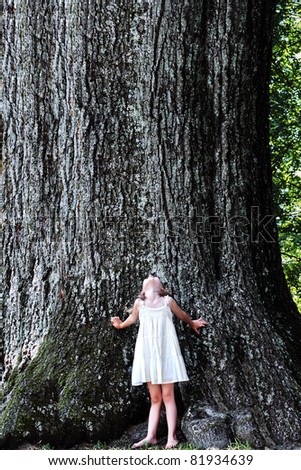 Little girl stands at the base of a very large oak tree and looks up.