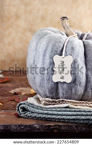 Thanksgiving holiday, green pumpkin still life decoration with with Be Thankful greeting card. Extreme shallow depth of field.