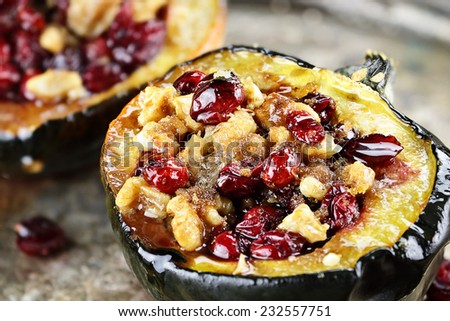 Acorn squash stuffed and baked with butter, brown sugar, walnuts and cranberries, ready for holiday dinners. Extreme shallow depth of field with beautiful bokeh.