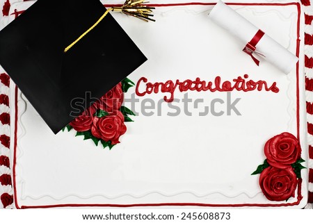 Graduation cake with school cap and tassel. Room for copy space.