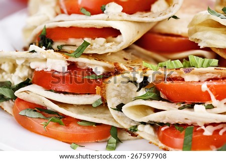 Vegetarian wraps made with goat cheese or feta, tomatoes, mozzarella and fresh herbs, Extreme shallow depth of field.