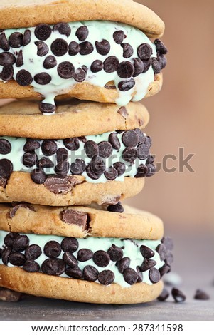 Chocolate chip mint ice cream cookie sandwiches. Extreme shallow depth of field with selective on cookies.
