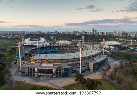 MELBOURNE, AUSTRALIA - September 15, 2013: aerial view of the Melbourne Cricket Ground (MCG for short), home of the 1956 Olympic Games and regular Australian Rules Football and cricket matches.