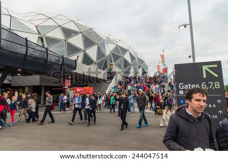 MELBOURNE, AUSTRALIA - January 14, 2015: football fans outside the Melbourne Rectangular Stadium for the Asian Cup match between Saudi Arabia and Democratic People\'s Republic of Korea.