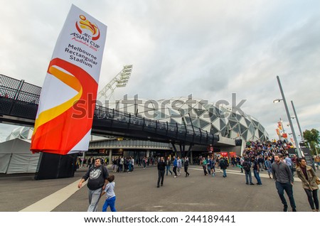 MELBOURNE, AUSTRALIA - January 14, 2015: football fans outside the Melbourne Rectangular Stadium for the Asian Cup match between Saudi Arabia and Democratic People\'s Republic of Korea.