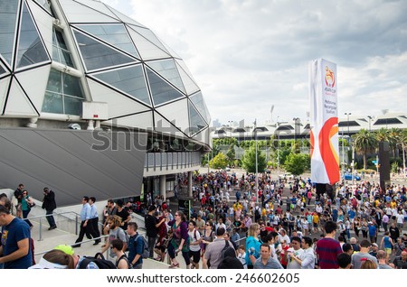 MELBOURNE, AUSTRALIA - January 22, 2015: football fans outside the Melbourne Rectangular Stadium (also known as AAMI Park) before the AFC Asian Cup football match between Uzbekistan and South Korea.