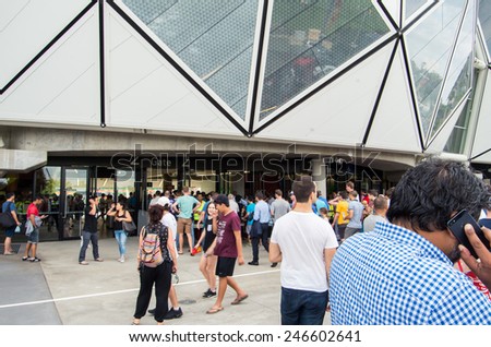 MELBOURNE, AUSTRALIA - January 22, 2015: football fans outside the Melbourne Rectangular Stadium (also known as AAMI Park) before the AFC Asian Cup football match between Uzbekistan and South Korea.