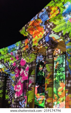 Melbourne, Australia - February 21, 2015: facade of the State Library of Victoria, illuminated by light projections during the White Night overnight arts festival.
