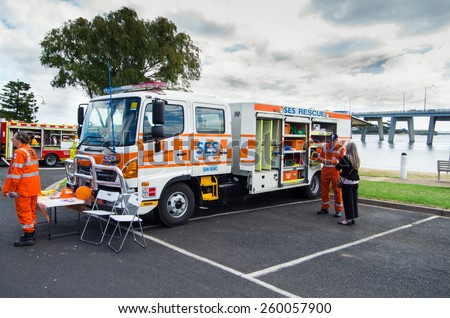 SAN REMO, AUSTRALIA - March 8, 2015: truck of the State Emergency Service being exhibited at San Remo in Victoria. The SES regularly attends traffic accidents and also provides natural disaster relief
