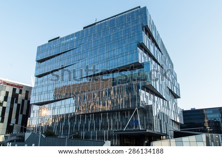 Melbourne, Australia - May 16, 2015: Channel 9 offices and television studios at Docklands.  Channel 9 is Australia\'s most watched television network.