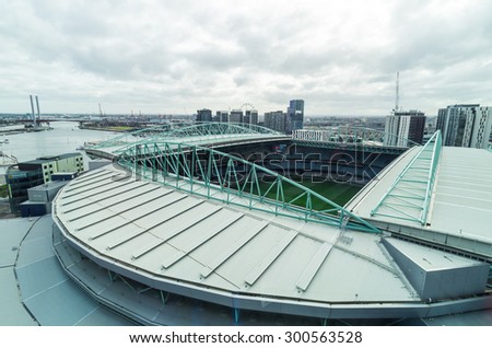 Melbourne, Australia - July 25, 2015: Etihad Stadium is an Australian Rules Football stadium at Docklands with a retractable roof. It is also used for concerts and public events.