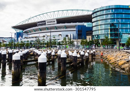 Melbourne, Australia - July 25, 2015: Etihad Stadium, also known as Docklands Stadium, is an Australian Football League stadium and concert venue with a retractable roof.