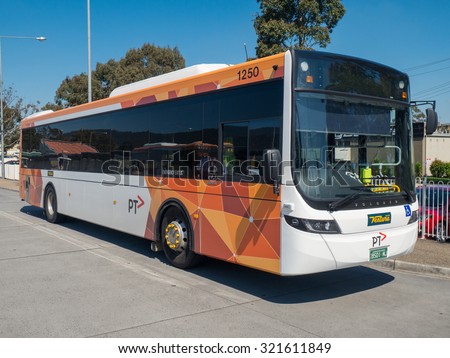 Melbourne, Australia - September 27, 2015: Ventura Bus Lines is a private bus and coach operator in Melbourne, Australia. This bus is waiting outside Boronia station operating a public bus route.