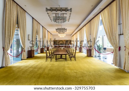 Ho Chi Minh City, Vietnam - August 13, 2015: banquet room in the Reunification Palace or Independence Palace, the former South Vietnamese presidential palace completed in 1966.