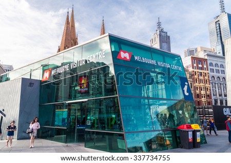 Melbourne, Australia - November 3, 2015: Visitor information centre at Federation Square in central Melbourne provides information to tourists and local visitors.