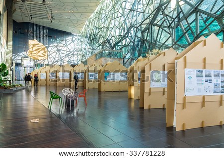 Melbourne, Australia - November 3, 2015: The Atrium at Federation Square is an open exhibition space, used for displays and markets.