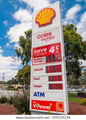 Melbourne, Australia - November 15, 2015: Royal Dutch Shell sold its Australian Shell retail operations to Dutch company Vitol in 2014, retaining Shell branding such as here in Wheelers Hill.