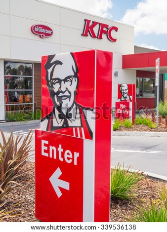 Melbourne, Australia - November 15, 2015: KFC chicken restaurants in Australia operate a mixture of franchise operated and Yum! company owned outlets, including this in Glen Waverley.