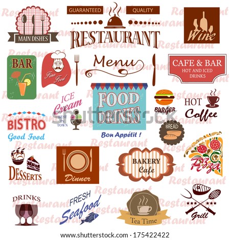 Set of food and drink labels icons for restaurant and cafe Set of food and drink labels icons for restaurant and cafe