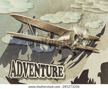 retro poster with mountain and vintage biplane