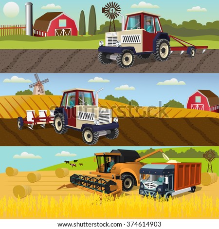 Agriculture design concept set with of the process of growing and harvesting crops,farm machines.