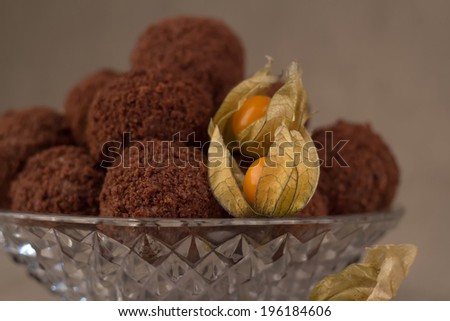 Dessert nut balls, veggie pastries, chocolate.