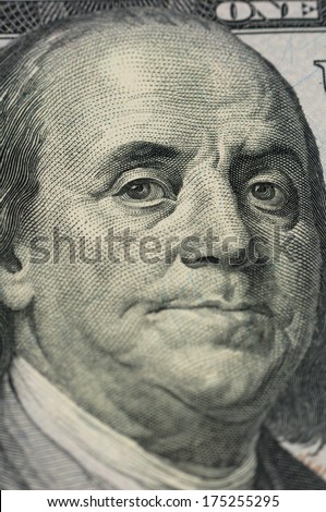 President of America Ben Franklin close-up on the new one hundred dollar bill