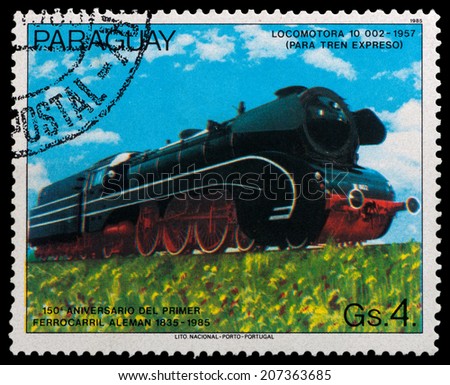PARAGUAY - CIRCA 1985: A post stamp printed in Paraguay shows old locomotive, circa 1985