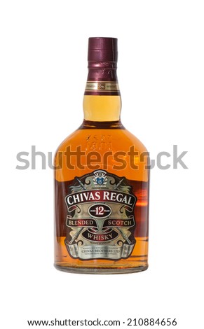 ALMATY, KAZAKHSTAN - AUGUST 13, 2014: Bottle luxury Scotch whiskey Chivas Regal 12Y, Chivas Brothers Company.