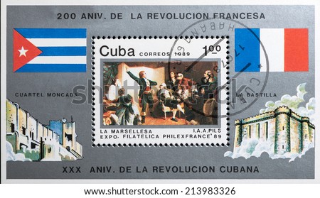 CUBA - CIRCA 1989: A stamp printed in Cuba dedicated to 200 years of the French Revolution. International Philatelic Exhibition PHILEXFRANCE\'89, Paris, circa 1989