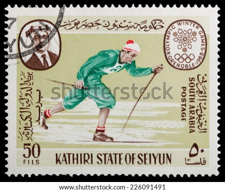 SOUTH ARABIA - CIRCA 1968: A stamp printed in South Arabia shows Olympic Games in Grenoble , circa 1968