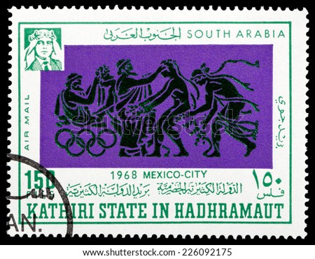SOUTH ARABIA - CIRCA 1966: A stamp printed in South Arabia in Kathiri state in Hadhramaut honoring Olympic Games in Mexico 1968, circa 1966