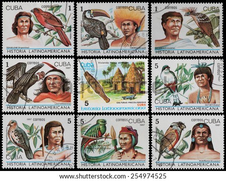 CUBA - CIRCA 1987: The postal stamp printed in CUBA shows the leaders in\
Indian tribes in Latin America, circa 1987