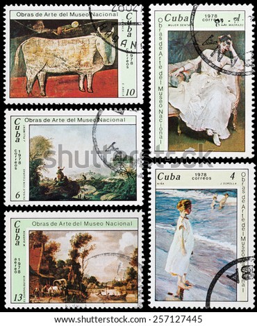 CUBA - CIRCA 1978: A Stamp printed in CUBA shows paintings by famous artists in the National Museum, circa 1978