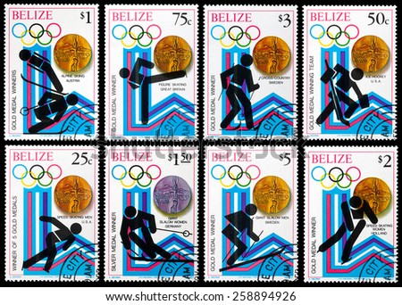BELIZE - CIRCA 1980: a stamp printed in Belize shows the gold medal, Winter Olympics, Portugal, circa 1980