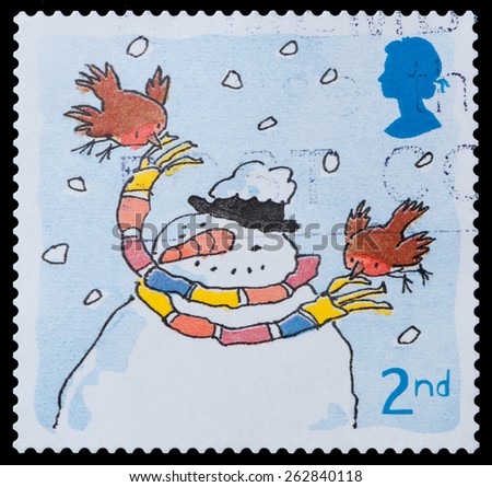 GREAT BRITAIN - CIRCA 2001: a stamp printed in the Great Britain shows Robins and Snowman, Christmas, circa 2001