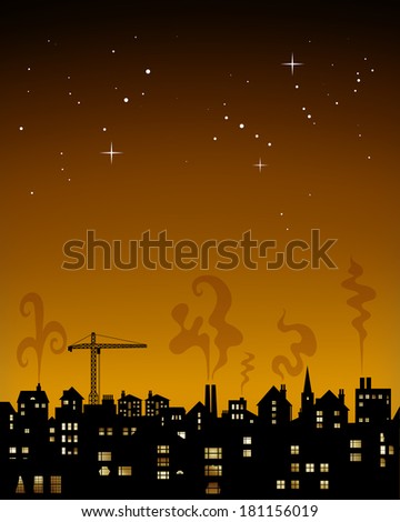 Town scape digital illustration with an amber night sky.