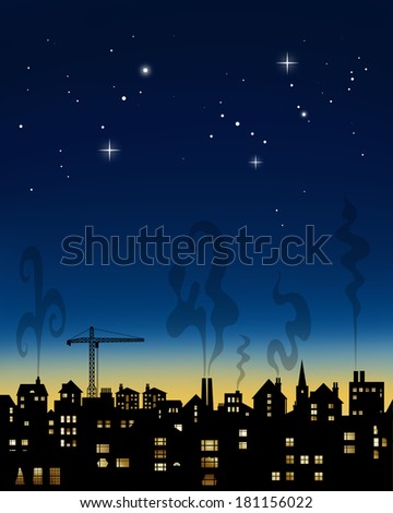 Town scape digital illustration with a blue night sky.