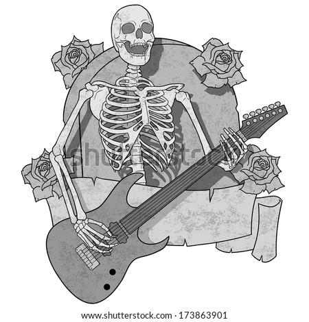Skeleton plays the guitar on the background of tombstones