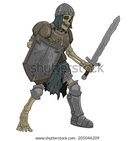Skeleton knight with sword and shield on the white background
