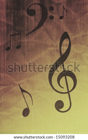 Music symbols on grunge creased paper.